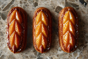 Delightful pastries with glossy apricot glaze arranged neatly on a textured surface, showcasing culinary artistry and precision