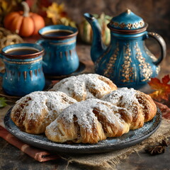 Delicate pastries dusted with sugar beside a steaming pot of tea in a warm, autumn-inspired setting