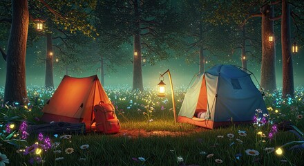 A fun 3D forest adventure with a tent, backpack, lantern, and wildflowers, glowing with vibrant colors under a starry sky 