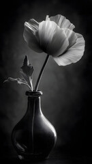 Monochrome Serenity A Delicate Poppy in a Glass Vase Embracing Simplicity and Elegance in Floral Still Life Photography