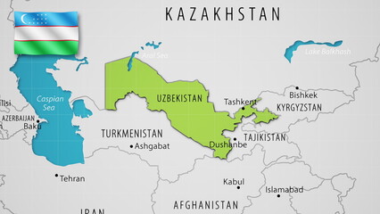 Fototapeta premium Uzbekistan on the World Map with the country's national flag flying.