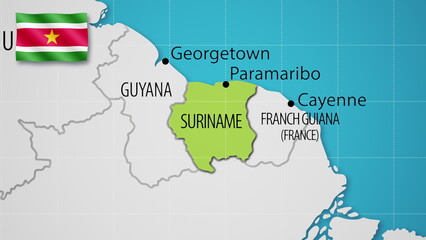 Suriname on the World Map with the country's national flag flying.