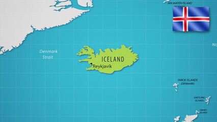Iceland on the World Map with the country's national flag flying.