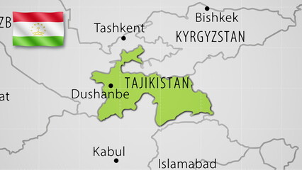 Tajikistan on the World Map with the country's national flag flying.