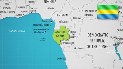 Gabon on the World Map with the country's national flag flying.