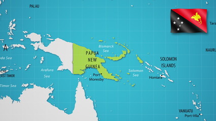 Papua New Guinea on the World Map with the country's national flag flying.