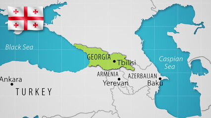Georgia on the World Map with the country's national flag flying.