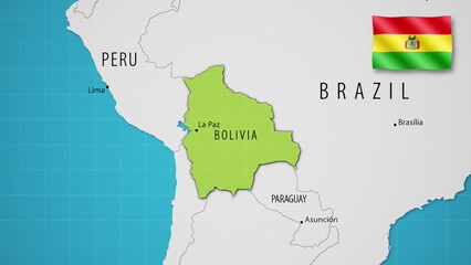 Bolivia on the World Map with the country's national flag flying.