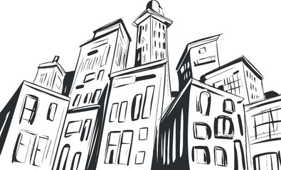 Fototapeta premium A hand-drawn illustration of tall buildings in a cityscape setting..