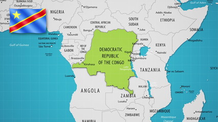 Democratic Republic of the Congo on the World Map with the country's national flag flying.