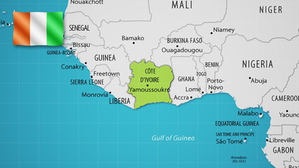 Ivory Coast on the World Map with the country's national flag flying.