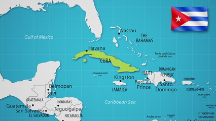 Cuba on the World Map with the country's national flag flying.