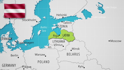 Latvia on the World Map with the country's national flag flying.
