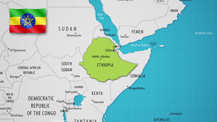 Ethiopia on the World Map with the country's national flag flying.