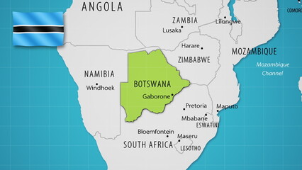 Botswana on the World Map with the country's national flag flying.