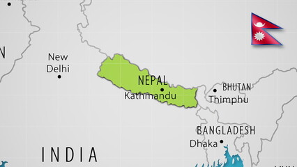 Nepal on the World Map with the country's national flag flying.