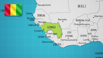 Guinea on the World Map with the country's national flag flying.
