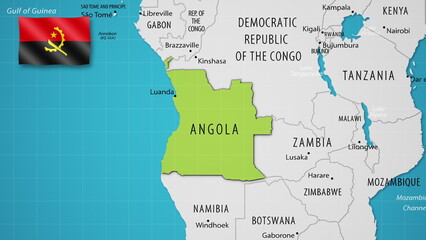 Angola on the World Map with the country's national flag flying.