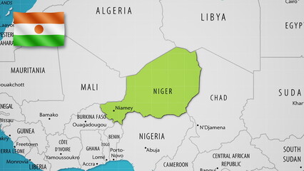 Niger on the World Map with the country's national flag flying.