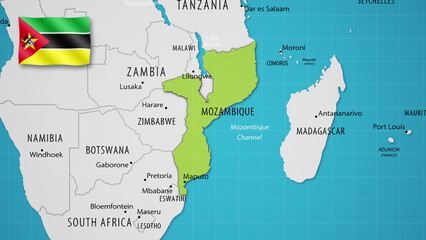 Mozambique on the World Map with the country's national flag flying.