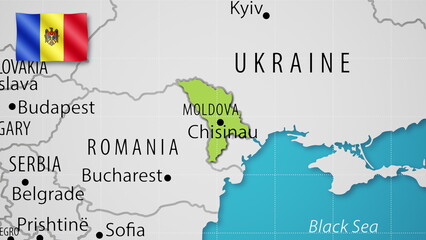 Moldova on the World Map with the country's national flag flying.