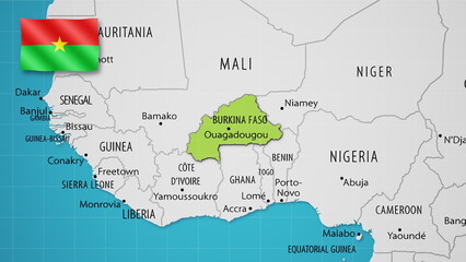 Burkina Faso on the World Map with the country's national flag flying.