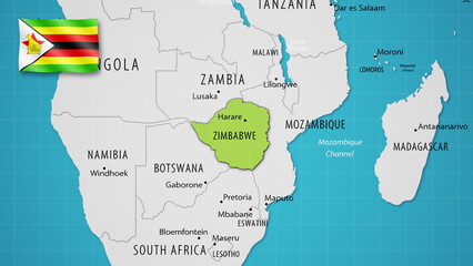 Zimbabwe on the World Map with the country's national flag flying.