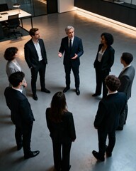 Fototapeta premium Executive standup huddle in contemporary office atrium