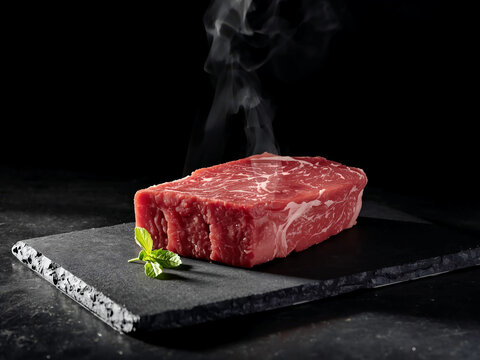 Thick raw steak with fine marbling on black slate, subtle steam rising and herb garnish; moody premium ingredient studio shot.