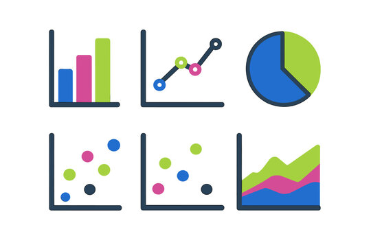 Colorful assortment of essential data charts and graphs for presenting analytical information and market research