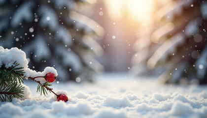 Snow-covered pine branch with red berries in winter background  