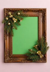 Ornate wooden picture frame decorated with festive Christmas foliage and bells.