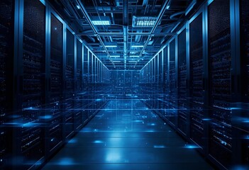 Futuristic data center glowing with advanced digital server technology