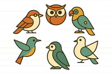 Obraz premium Collection of colorful stylized birds including an owl, sparrow, parrot, and various other avian creatures in a charming graphic style