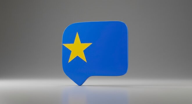 Blue speech bubble with a yellow star on a gray background creating a modern vibe