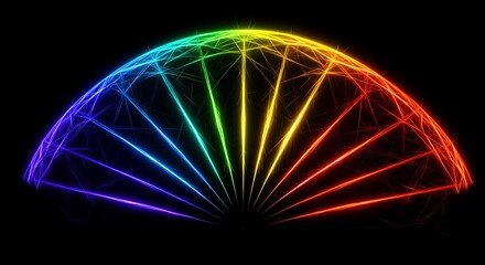 Colorful geometric fan-shaped light pattern with rainbow spectrum on black background