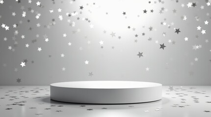 Silver podium with falling starconfetti, minimalist background for product display or promotion