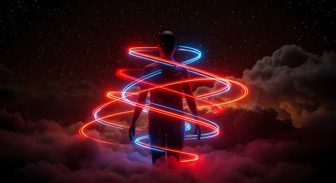 Silhouette of a person surrounded by glowing neon rings against a starry night sky with clouds - Powered by Adobe