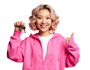 Smiling Young Girl Holding Keys, Front View, Pink Hoodie, isolated transparent background PNG