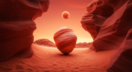 A surreal desert landscape with a large striped sphere resting in a canyon under a glowing orange sky and floating orb.