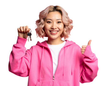 Smiling Young Girl Holding Keys, Front View, Pink Hoodie, isolated transparent background PNG