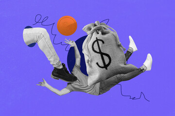 Creative poster banner 3d collage photo of anonym businessman insted head dollar legs push robbery...