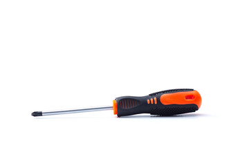 Screwdriver with ergonomic rubber grip handle isolated on clean white background. Manual hand tool for repair, maintenance and construction work.