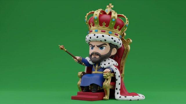 Animation of miniature king sitting on his throne with his scepter on green screen background
