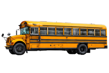 Classic yellow school bus side view, American education transport isolated on transparent background for travel and educational design

