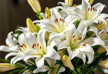 Fototapeta premium Elegant white lilies arranged in a bouquet, lush and pristine, closeup, clean