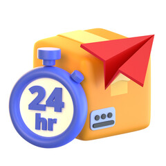 Same Day Delivery Concept with a 3D Orange Package Red Paper Airplane and Blue 24 Hour Stopwatch on a Transparent Background