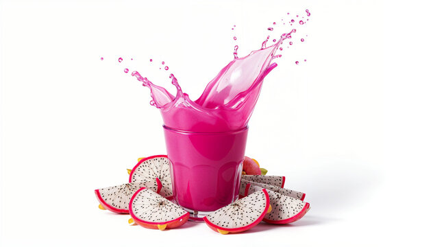 Dragon Fruit Juice Splash with Fresh Slices on White Background