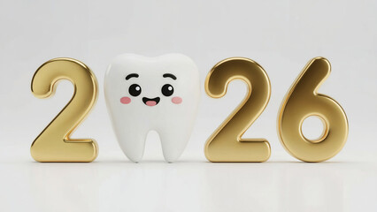 2026 cute happy tooth with golden numbers on white background, smiling dental cartoon illustration, pediatric dentistry holiday design, dentist office decoration, new year celebration dental care artw