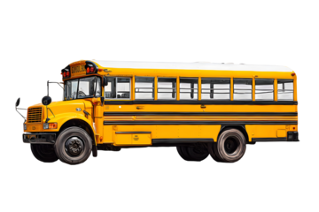 Classic yellow school bus side view, American education transport isolated on transparent background for travel and educational design